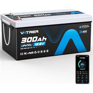 VATRER POWER 12V 300Ah Batteria Litio APP Bluetooth LiFePO4 con 200A BMS 3840W Batteria Ricaricabile 5000+ Cicli Profondi Perfetta per RV, Camper, Off-grid, Solare