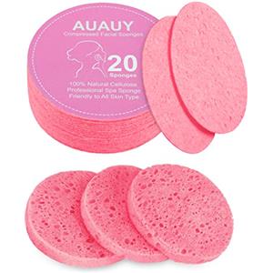 AUAUY 20Pz Spugnette Viso Pulizia, Viso Compressa Spugna, 100% Naturale Compresse Spugne per Viso in Cellulosa per la Pulizia del Facial, Esfoliante, Rimozione Trucco (Rosa)