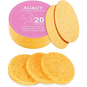 AUAUY 20Pz Spugnette Viso Pulizia, Viso Compressa Spugna, 100% Naturale Compresse Spugne per Viso in Cellulosa per la Pulizia del Facial, Esfoliante, Rimozione Trucco (Beige)
