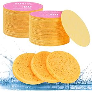 AUAUY 60Pz Spugnette Viso Pulizia, Viso Compressa Spugna, 100% Naturale Compresse Spugne per Viso in Cellulosa per la Pulizia del Facial, Esfoliante, Rimozione Trucco (Beige)