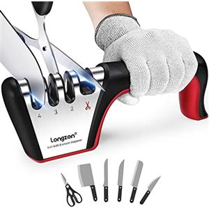 longzon Affilacoltelli 4 in 1 Affilatore coltello professionale con un paio di guanti anti-taglio, affilatore di coltelli per forbici e coltelli da cucina di diverse dimensioni rosso