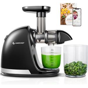 AMZCHEF Estrattore Frutta e Verdura - Estrattore a Freddo Pofessionale - Masticazione Delicata Non C'è Bisogno Di Filtrare - Estrattore Di Succo Senza BPA con Due Tazze e Pennello - Nero Opaco