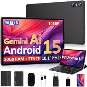Biegedy 2026 Tablet 10 Pollici Android 15, 30GB RAM + 2TB TF, Gemini AI, Octa-Core, 5G WiFi 6, Widevine L1, GMS, GPS, BT 5.0, 6000mAh, 5MP+8MP, Tablet in Offerta con Tastiera, Mouse - Nero