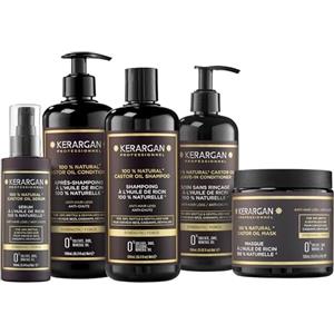 Kerargan - Set Anti-Caduta Shampoo, Balsamo, Maschera, Siero & Leave-In all'Olio di Ricino per Capelli Danneggiati - Trattamento Intensivo Crescita - Senza Solfati, Silicone - 3x500ml+100ml+350ml
