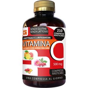 LABOTTEGADEGLIINTEGRATORI Vitamina C da Ascorbato Di Sodio Acerola e Rosa Canina 210 Compresse Masticabili 1 al dì | Senza Glutine e Lattosio | Meno Acida | Assorbimento più rapido | origine non animale | 500 mg
