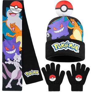 Pokémon Set Invernale Bambino 2 Pz con Cappello e Guanti o 3 con Cappello Guanti Invernali e Sciarpa, Pikachu Regalo Bambini (4-12 Anni, Nero/Blu, 2 Pcs)