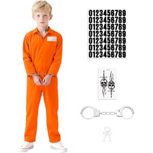BSBUY Costume da Prigioniero Arancione per Bambini, Halloween Costumi da Detenuto per Bambini, Bambina Tuta Arancione da Detenuto Unisex, Prigioniero Vestiti da Bambino per Cosplay Carnevale Festa