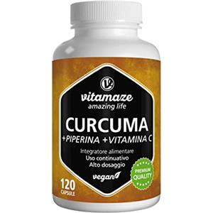 Vitamaze - amazing life Curcuma e Piperina Plus 1440 mg con Vitamina C ad Alto Dosaggio, L'Estratto 95% da Curcumina e Piperina Pura, 120 Curcuma Capsule Vegan, Turmeric Curcumin. Qualità Tedesca. Vitamaze®