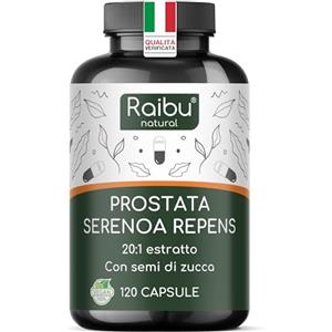 RAIBU Serenoa Repens - 1100 mg Integratore per la Prostata Uomo, Estratto 20:1 di Saw Palmetto (Serenoa Repens) con Semi di Zucca - 120 Capsule Vegane, Senza Additivi - Raibu
