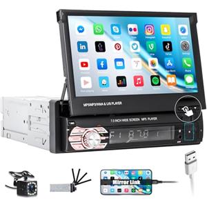 CAMECHO 1 Din Autoradio con 7 Pollici Touch Screen Elettrico Flip Out Schermo, Radio Bluetooth Auto con FM AUX USB TF Mirror Link(per Android/iOS) +Retrocamera