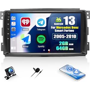 SIXWIN 2+64G Android 13 Autoradio con CarPlay/Android Aut/Mirror link per Mercedes Benz Smart Fortwo 2005-2010, 9 Pollici Schermo Navigatore con WiFi GPS Bluetooth RDS FM EQ USB SWC+Telecamera