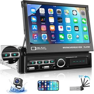 CAMECHO 1 Din Autoradio con Schermo a Scomparsa,7 Pollici Pieghevole Motorizzato Touchscreen Stereo con Mirror Link/Bluetooth/FM/AUX/USB+Telecamera