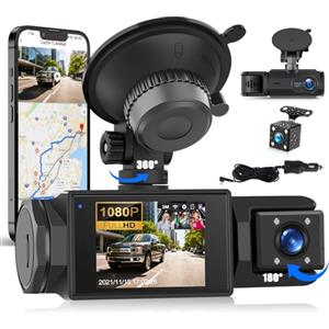 SIXTOP Dash Cam Auto a 3 Canali Anteriori e Posteriori, 2,0 Pollici Schermo 1080P, Tripla Telecamera per Auto con Controllo tramite App, Visione Notturna Super, Registrazione in Loop, Sensore G