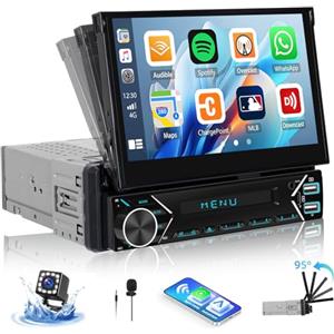 CAMECHO 1 Din Autoradio con Wireless Carplay e Android Auto Stereo, Schermo Motorizzato Retrattile da 7 Pollici,1 Din Radio con Bluetooth, FM, AUX, USB,Tipo C,Collegamento Speculare+Telecamera