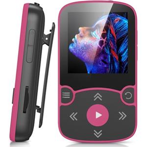 AGPTEK Lettore MP3 Bluetooth 5.3 Sport 64 GB con schermo a colori TFT da 1,5 pollici, mini lettore musicale con clip, supporta fino a 128 GB SD Card, Magenta