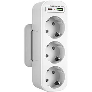 oorkyzz Presa Multipla Salvaspazio con USB C, Adattatore Presa Tripla Elettrica con 3 Prese Schuko, Multipresa da Parete,Ciabatta Elettrica a Muro,Trifasica Doppia USB Moltiplicatore, Spina Tedesca, Bianco