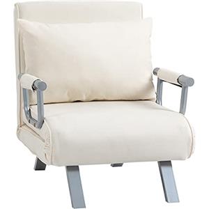 HOMCOM Poltrona Letto Singolo 3 in 1 con Schienale Reclinabile su 5 Livelli e Cuscino, Divano Letto Singolo Pieghevole per Soggiorno e Salotto in Pelle Scamosciata e Acciaio, 65x69x80 cm, Crema