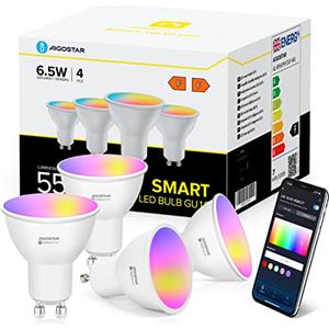 Aigostar Lampadina Alexa GU10 WiFi Lampadine Smart LED 7W 555LM, Lampadina Intelligente RGBCCT Dimmerabile, 2700K-6500K, Controllo App, compatibile con Alexa/Google Home, 4 Unità