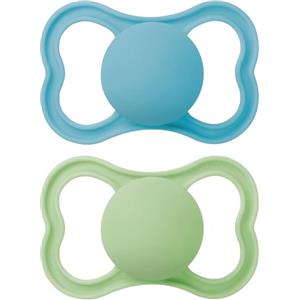 MAM Air Succhietto 6-16 Mesi (Set da 2), Ciuccio MAM 6-16 mesi per pelli sensibili e delicate, Kit 2 accessori neonato con tettarella in caucciù naturale e porta ciuccio sterilizzatore, Azzurro/Verde