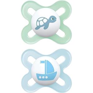 MAM Original Start Succhietto 0-2 Mesi (Set da 2), Ciuccio MAM 0-2 mesi con tettarella ortodontica in caucciù, Kit da 2 accessori neonato con porta ciuccio sterilizzatore, Verde/Azzurro