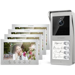 TMEZON Videocitofono 2 Fili Multifamiliare Citofoni con 4 Monitor TFT a Colori 7 pollici e Campanello esterno con telecamera Visione Notturna,Audio Bidirezionale,T30 per 4 Famiglie/Appartamenti