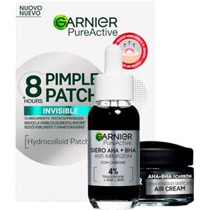 Garnier PureActive Pimple Patch 8 Ore Invisibile sulla Pelle 22 Cerotti + Crema Viso Idratante Matificante AHA BHA con Carbone da 50ml + Siero Anti Imperfezioni Trattamento Brufoli Punti Neri da 30ml