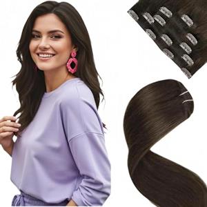 LaaVoo Extension Capelli Veri Clip Marrone Scuro Extension con Clip Remy Naturali Liscio Extension Clip Capelli Veri Fascia Unica Invisibile 30 cm 80g 5pcs #2