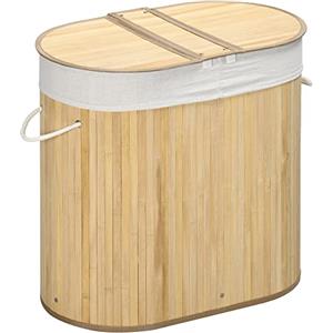 HOMCOM Cesto Portabiancheria Sporca in Bambù a 2 Sezioni, 2 Coperchi e Capacità 100L, Cesta Panni Sporchi con Sacca Interna Removibile, 62.5x37x60.5 cm, Bianco e Color Legno