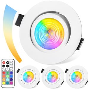 GeyouLux Faretto da incasso a LED dimmerabile RGB,faretto LED in alluminio IP44 230V 68mm,5W 3CCT,faretti da soffitto orientabili 38°+ 45°bianchi con telecomando IR per bagno,4 pezzi
