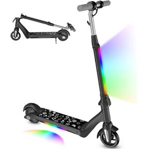 scoot4kids Monopattino elettrico per bambini 6-12 anni, motore 80W, autonomia 8 km, capacità 50 kg, pieghevole con display LED e luci arcobaleno, velocità regolabili, regalo per bambini (Nero)