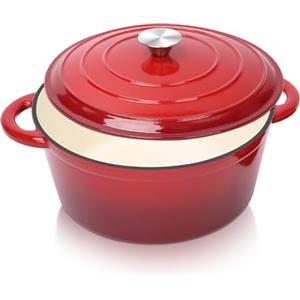 GFTIME Pentola in ghisa smaltata, diametro 28 cm, con coperchio, per tutti i piani cottura e a induzione, in ghisa, per pane, rotondo, rosso, 5,7 l