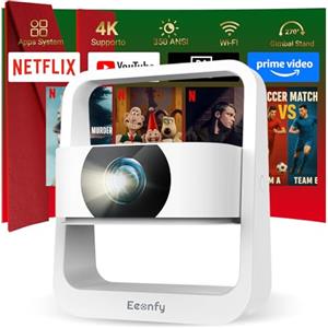 Eeenfy [App Integrata] Eeenfy Venus V1[2.0] Proiettore Android Portatile con 350ANSI, 4K Supporto, E-Focus/Keystone, WiFi Bluetooth, Videoproiettore per Esterni/Home Cinema, Bianco