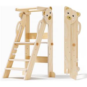 Aoykkii Torre di Apprendimento Pieghevole, 3 Altezze Regolabili, Fold Legno Torre Montessoriana da 1 a 6 Anni per Bambini, Montessori Learning Legno Naturale Kitchen Helper