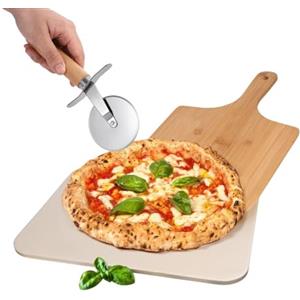 Paluplus Set Pietra Refrattaria per Pizza da 30x38 cm con Pala in Legno e Rondella Tagliapizza, Kit adatto per Forno e Grill per Pane e Pizze fatte in casa, Include Libro di Ricette -9575F