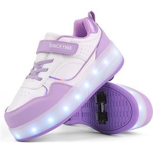 FANSU Scarpe con Rotelle Bambino Bambina con LED Brillantini Luci, Viola Scarpe Pattini con 4 Rotelle Retrattile USB Ricaricare, Multisport Outdoor Sneaker Skateboard
