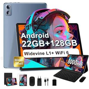 Dghrti 2025 Tablet 10 pollici Android 14, 22GB RAM+128GB ROM/TF 1TB, 8-core 2.0GHz, 8000mAh, UFS 2.1 Flash, Corpo in Metallo, Doppio WiFi, BT5.0, 8+5MP, Widevine L1, Con Tastiera e Mouse, Gray