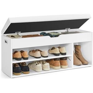 VASAGLE Scarpiera Panca Ingresso, Panca Contenitore con Cuscino Imbottito, 3 Scomparti, Ripiani, Soggiorno Corridoio Camera da Letto, Portata 136 kg, Bianco Nuvola LHS130W14
