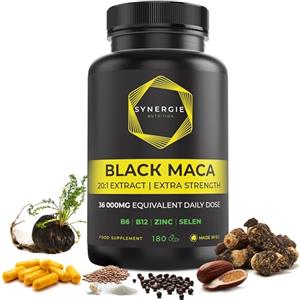 Synergie Nutrition Black Maca di Synergie Nutrition - 1800 mg di estratto di radice di Maca Nera 20:1 - con Zinco, Selenio, Vitamina B6 e B12 - 180 capsule - integratore alimentare