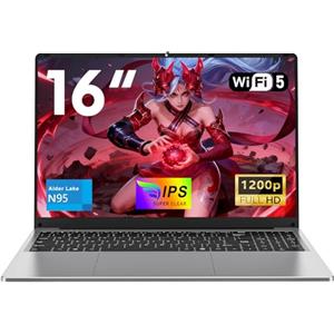 NAIKLULU PC Portatile Processor N95 (1,0 a 3,4 GHz), 16 Pollici RAM 16 GB SSD 512GB Laptop 2025 Computer Portatile, 1920x1200P/Tastiera Retroilluminata/6000 MAh/Lector de Huellas Dactilares