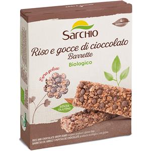 SARCHIO Snack Riso e Gocce di Cioccolato 80g - Barretta senza glutine e vegan con riso croccante e gocce di cioccolato fondente
