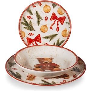 H&H Set Tavola Natale Teddy Hugs - Servizio di Piatti in Stoneware da 18 Pezzi con Orsetti e Decori Natalizi