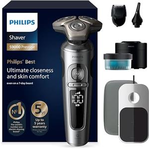 Philips Rasoio Elettrico Serie 9000 Prestige, secco e umido, cromo brillante, rasatura Lift & Cut, tecnologia SkinIQ, regolabarba, rifinitore per il naso, base di ricarica Qi, modello SP9885/35