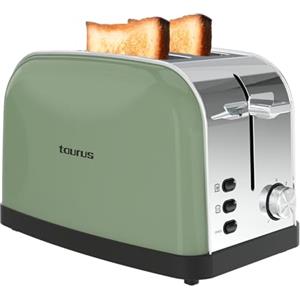 Taurus - Tostapane Vintage II Olive 950W | 2 Fessure Corte (135x35mm) | 7 Livelli | 3 Funzioni | Corpo Inox | Centratura Automatica | Raccoglibriciole | Sollevamento Extra | Avvolgicavo | Verde Oliva