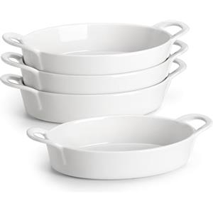 MALACASA Serie BAKE, Set di 4 Pirofile da Forno in Ceramica Ovali, 670ml Piatti da Forno in Ceramica, Cocotte Monoporzione da Forno con Manico per Dessert, Lasagne, Torta - 20,7cm (Bianca)
