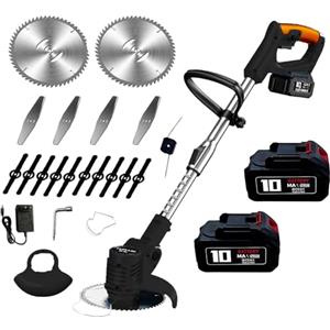 MOKEKA Decespugliatore a Batteria, Tagliaerba a Batteria con 2 Batterie, Tagliabordi Elettrico Senza Filo, Decespugliatore Elettrico, Testata Regolabile e Maniglia Telescopica, con 4 Tipi di Lame Nero