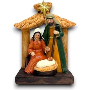 KORAT Natività in Resina con Capanna Effetto Legno 15x7x13 cm - Presepe Natalizio Classico con Sacra Famiglia e Gesù Bambino - Decorazione Natalizia Artigianale Dipinta a Mano, Ideale per Casa o Regal