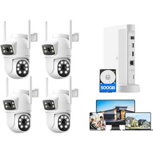 Camcamp 4MP Kit Videosorveglianza WiFi Esterno,Kit Videosorveglianza +4x Doppia Lente Telecamera Wi-Fi,10CH NVR e 500GB HDD, Visione Notturna a Colori, Rilevamento Umano, Audio a 2 Vie