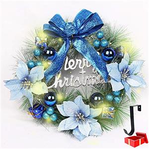 Morbuy Ghirlande Natalizie Porta con Luci, Morbuy Artificiale Rattan 30/40cm con 50 LED Illuminata a Batteria Natale Decorazione con Fiocco Fiori per Porta Esterno Camino (40cm,Blu)