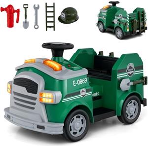 COSTWAY Macchina Elettrico per Bambini 12V, Auto Cavalcabile con Pala, Estintore, Scala, Casco di Sicurezza, 4 Ruote, Sirena e Clacson, Camion Realistico dei Pompieri per Bambini 3-8 Anni (Verde)