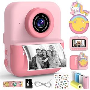 Bemb Lucky Macchina Fotografica Bambini Istantanea, 3.0'' Schermo HD 48MP Fotocamera Digitale Bambini con Scheda da 32 GB e 5 Rotoli di Carta da Stampa, Giocattolo Regalo Natale Bambino e Bambina 3-12 Anni（Pink）